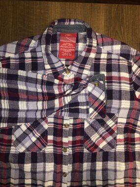 Dickies Flannel Blue Red Purple Double Breast Pockets Size Large Plaid Button Up